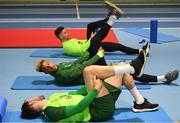4 June 2019; Callum Robinson, centre, with team-mates Greg Cunningham, bottom, and Sean Maguire, top, during a Republic of Ireland gym session at the FAI National Training Centre in Abbotstown, Dublin. Photo by Stephen McCarthy/Sportsfile