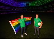 4 June 2019; Aviva, Ireland’s largest insurer, are lighting up Aviva Stadium for the first time in Irish history with the colours of Pride. The iconic home of Irish soccer and rugby will be awash with rainbow colours until June 8. See www.aviva.ie/pride or follow #SafeToDream on social media to find out more. Pictured at the turning on of the lights are Republic of Ireland captain Katie McCabe with team-mate and partner Ruesha Littlejohn, right. Photo by Stephen McCarthy/Sportsfile