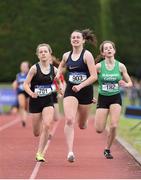 1 June 2019; Erin Leavy of St Vincent’s Dundalk , Co. Louth, centre, on her way to winning the Minor Girls 800m event, ahead of Aoife Brown   of Castlecomer Community School, Co. Kilkenny, left, who was disqualified, during the Irish Life Health All-Ireland Schools Track and Field Championships in Tullamore, Co Offaly. Photo by Sam Barnes/Sportsfile