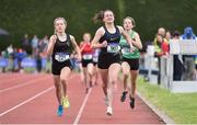 1 June 2019; Erin Leavy of St Vincent’s Dundalk , Co. Louth, centre, on her way to winning the Minor Girls 800m event, ahead of Aoife Brown   of Castlecomer Community School, Co. Kilkenny, who was disqualified, during the Irish Life Health All-Ireland Schools Track and Field Championships in Tullamore, Co Offaly. Photo by Sam Barnes/Sportsfile