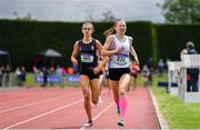 1 June 2019; Aimee Hayde of St Mary's Secondary School Newport, Co. Mayo, right, on her way tio winning the Inter Girls 800m event, ahead of Victoria Lightbody of Wallace High School  Lisburn, Co. Down, during the Irish Life Health All-Ireland Schools Track and Field Championships in Tullamore, Co Offaly. Photo by Sam Barnes/Sportsfile