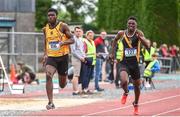 1 June 2019; Mervyn Shalemba of Mercy Mount Hawk, Co. Kerry, right, on his way to winning the Inter Boys 200m event ahead of Charles Okafor of St Finian's Mullingar, Co. Westmeath, during the Irish Life Health All-Ireland Schools Track and Field Championships in Tullamore, Co Offaly. Photo by Sam Barnes/Sportsfile