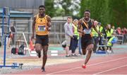 1 June 2019; Mervyn Shalemba of Mercy Mount Hawk, Co. Kerry, right, on his way to winning the Inter Boys 200m event ahead of Charles Okafor of St Finian's Mullingar, Co. Westmeath, during the Irish Life Health All-Ireland Schools Track and Field Championships in Tullamore, Co Offaly. Photo by Sam Barnes/Sportsfile