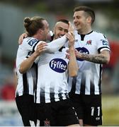 31 May 2019; John Mountney of Dundalk, left,  celebrates with team-mates Michael Duffy and Patrick McEleney after scoring his sides third goal during the SSE Airtricity League Premier Division match between Dundalk and Sligo Rovers at Oriel Park in Dundalk, Louth. Photo by Oliver McVeigh/Sportsfile