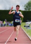 1 June 2019; Michael Morgan of Summerhill College, Co. Sligo, celebrates winning the Inter Boys 3000m event during the Irish Life Health All-Ireland Schools Track and Field Championships in Tullamore, Co Offaly. Photo by Sam Barnes/Sportsfile