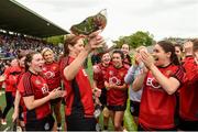 2 June 2019; Fionnuala Carr of Down and the players celbrate with the cup after the Ulster Camogie Final match between Antrim and Down at St Tiernach's Park in Clones, Monaghan Photo by Oliver McVeigh/Sportsfile