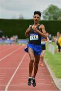 1 June 2019; Efrem Gidey of Le Chéile Secondary School, Co. Dublin, on his way to winning the Senior Boys 5000m event during the Irish Life Health All-Ireland Schools Track and Field Championships in Tullamore, Co Offaly. Photo by Sam Barnes/Sportsfile