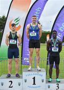 1 June 2019; Senior boys 100m medallists, from left, Conor Morey of Presentation Brothers College, Co. Cork, silver, Aaron Sexton of Bangor Grammar School, Co. Down, gold, and Israel Olatunde of St Mary's Dundalk, Co. Louth, bronze, during the Irish Life Health All-Ireland Schools Track and Field Championships in Tullamore, Co Offaly. Photo by Sam Barnes/Sportsfile