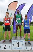 1 June 2019; Senior boys high jump medallists, from left, Oisin Joyce of Ballinrobe Community School, Co. Mayo, silver, Nelvin Appiah of Moate Community School, Co. Westmeath, gold, and  Joseph McEvoy of St Anne's Commnity College Killaloe, Co. Clare, bronze, during the Irish Life Health All-Ireland Schools Track and Field Championships in Tullamore, Co Offaly. Photo by Sam Barnes/Sportsfile