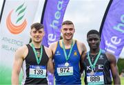 1 June 2019; Senior boys 100m medallists, from left, Conor Morey of Presentation Brothers College, Co. Cork, silver, Aaron Sexton of Bangor Grammar School, Co. Down, gold, and Israel Olatunde of St Mary's Dundalk, Co. Louth, bronze, during the Irish Life Health All-Ireland Schools Track and Field Championships in Tullamore, Co Offaly. Photo by Sam Barnes/Sportsfile