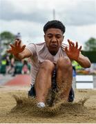 1 June 2019; Sam Ukaga of St Brigids College Loughrea, Co. Galway, competing in the Senior Boys Long Jump event during the Irish Life Health All-Ireland Schools Track and Field Championships in Tullamore, Co Offaly. Photo by Sam Barnes/Sportsfile
