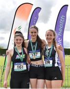 1 June 2019;  Junior Girls High jump medallists, from left, Ava Rochford of Rice College, Co. Clare, silver, Sophie Crowley of Newtown School, Co. Waterford, gold, and Michelle Cashman of Newbridge College, Co. Kildare, bronze, during the Irish Life Health All-Ireland Schools Track and Field Championships in Tullamore, Co Offaly. Photo by Sam Barnes/Sportsfile