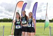 1 June 2019;  Junior Girls High jump medallists, from left, Ava Rochford of Rice College, Co. Clare, silver, Sophie Crowley of Newtown School, Co. Waterford, gold, and Michelle Cashman of Newbridge College, Co. Kildare, bronze, during the Irish Life Health All-Ireland Schools Track and Field Championships in Tullamore, Co Offaly. Photo by Sam Barnes/Sportsfile