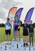 1 June 2019; Inter boys pole vault medallists, from left, Luc de Ris of Gaelscoil Ceatharlach, Co. Carlow, silver, Adam O'Dwyer of CBS Thurles, Co. Tipperary, gold, Conor Flanagan of Belvedere College, Co. Dublin, bronze, and  Owen Johnston of Larne Grammar School, Co. Antrim, bronze, event during the Irish Life Health All-Ireland Schools Track and Field Championships in Tullamore, Co Offaly. Photo by Sam Barnes/Sportsfile