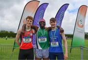 1 June 2019; Senior boys high jump medallists, from left, Oisin Joyce of Ballinrobe Community School, Co. Mayo, silver, Nelvin Appiah of Moate Community School, Co. Westmeath, gold, and  Joseph McEvoy of St Anne's Commnity College Killaloe, Co. Clare, bronze, during the Irish Life Health All-Ireland Schools Track and Field Championships in Tullamore, Co Offaly. Photo by Sam Barnes/Sportsfile