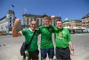 6 June 2019; Republic of Ireland supporters, from left, Paul Tuite, Paul Tuite Jr, and Ronnie Shattock in Copenhagen, Denmark, ahead of their side's UEFA European Championship 2020 Qualifying Round match. Photo by Stephen McCarthy/Sportsfile