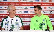 6 June 2019; Republic of Ireland manager Mick McCarthy, left, and Seamus Coleman  during a Republic of Ireland press conference at Telia Parken in Copenhagen, Denmark. Photo by Stephen McCarthy/Sportsfile