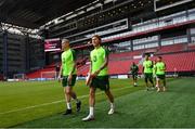 6 June 2019; Jeff Hendrick and James McClean, left, during a Republic of Ireland training session at Telia Parken in Copenhagen, Denmark. Photo by Stephen McCarthy/Sportsfile