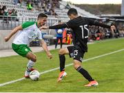 6 June 2019; Zach Elbouzedi of Ireland in action against Gerardo DanielArteaga of Mexico during the 2019 Maurice Revello Toulon Tournament match between Mexico and Republic of Ireland at Parsemain in Fos-sur-Mer, France. Photo by Alexandre Dimou