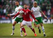 7 June 2019; Conor Hourihane, left, and James McClean of Republic of Ireland in action against Lasse Schöne of Denmark during the UEFA EURO2020 Qualifier Group D match between Denmark and Republic of Ireland at Telia Parken in Copenhagen, Denmark. Photo by Stephen McCarthy/Sportsfile