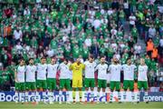 7 June 2019; The Ireland team stand for a minutes silence prior to the UEFA EURO2020 Qualifier Group D match between Denmark and Republic of Ireland at Telia Parken in Copenhagen, Denmark. Photo by Seb Daly/Sportsfile