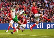 7 June 2019; Shane Duffy of Republic of Ireland has a shot on goal despite the attention of Denmark players, from left, Jens Stryger Larsen, Henrik Dalsgaard and Simon Kjær during the UEFA EURO2020 Qualifier Group D match between Denmark and Republic of Ireland at Telia Parken in Copenhagen, Denmark. Photo by Stephen McCarthy/Sportsfile