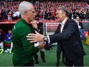 7 June 2019; Republic of Ireland manager Mick McCarthy, left, and Denmark manager Åge Hareide shake hands prior to the UEFA EURO2020 Qualifier Group D match between Denmark and Republic of Ireland at Telia Parken in Copenhagen, Denmark. Photo by Stephen McCarthy/Sportsfile