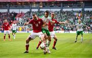 7 June 2019; Enda Stevens of Republic of Ireland in action against Yussuf Poulsen, right, and Henrik Dalsgaard of Denmark during the UEFA EURO2020 Qualifier Group D match between Denmark and Republic of Ireland at Telia Parken in Copenhagen, Denmark. Photo by Stephen McCarthy/Sportsfile