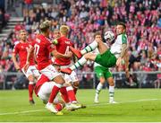 7 June 2019; Shane Duffy of Republic of Ireland has a shot on goal despite the attention of Denmark players, from left, Jens Stryger Larsen, Henrik Dalsgaard and Simon Kjær during the UEFA EURO2020 Qualifier Group D match between Denmark and Republic of Ireland at Telia Parken in Copenhagen, Denmark. Photo by Seb Daly/Sportsfile
