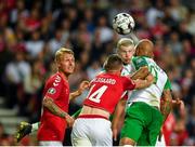 7 June 2019; David McGoldrick of Republic of Ireland has a header on goal under pressure from Henrik Dalsgaard of Denmark during the UEFA EURO2020 Qualifier Group D match between Denmark and Republic of Ireland at Telia Parken in Copenhagen, Denmark. Photo by Seb Daly/Sportsfile