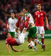7 June 2019; Jeff Hendrick of Republic of Ireland in action against Thomas Delaney of Denmark during the UEFA EURO2020 Qualifier Group D match between Denmark and Republic of Ireland at Telia Parken in Copenhagen, Denmark. Photo by Stephen McCarthy/Sportsfile