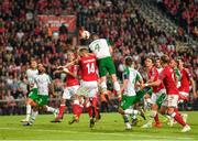 7 June 2019; Shane Duffy of Republic of Ireland heads to score his side's first goal during the UEFA EURO2020 Qualifier Group D match between Denmark and Republic of Ireland at Telia Parken in Copenhagen, Denmark. Photo by Seb Daly/Sportsfile