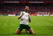 7 June 2019; Shane Duffy of Republic of Ireland celebrates after scoring his side's first goal during the UEFA EURO2020 Qualifier Group D match between Denmark and Republic of Ireland at Telia Parken in Copenhagen, Denmark. Photo by Stephen McCarthy/Sportsfile