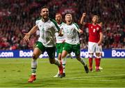 7 June 2019; Shane Duffy of Republic of Ireland celebrates after scoring his side's first goal during the UEFA EURO2020 Qualifier Group D match between Denmark and Republic of Ireland at Telia Parken in Copenhagen, Denmark. Photo by Stephen McCarthy/Sportsfile