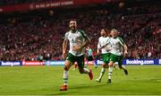 7 June 2019; Shane Duffy of Republic of Ireland celebrates after scoring his side's first goal, with team-mates James McClean, right, and Richard Keogh during the UEFA EURO2020 Qualifier Group D match between Denmark and Republic of Ireland at Telia Parken in Copenhagen, Denmark. Photo by Stephen McCarthy/Sportsfile