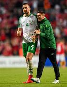 7 June 2019; Shane Duffy of Republic of Ireland and assistant coach Robbie Keane following the UEFA EURO2020 Qualifier Group D match between Denmark and Republic of Ireland at Telia Parken in Copenhagen, Denmark. Photo by Seb Daly/Sportsfile