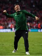 7 June 2019; Republic of Ireland assistant coach Robbie Keane celebrates following the UEFA EURO2020 Qualifier Group D match between Denmark and Republic of Ireland at Telia Parken in Copenhagen, Denmark. Photo by Stephen McCarthy/Sportsfile