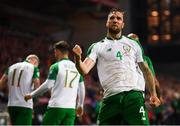 7 June 2019; Shane Duffy of Republic of Ireland celebrates after scoring his side's goal during the UEFA EURO2020 Qualifier Group D match between Denmark and Republic of Ireland at Telia Parken in Copenhagen, Denmark. Photo by Stephen McCarthy/Sportsfile