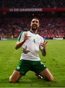 7 June 2019; Shane Duffy of Republic of Ireland celebrates after scoring his side's goal during the UEFA EURO2020 Qualifier Group D match between Denmark and Republic of Ireland at Telia Parken in Copenhagen, Denmark. Photo by Stephen McCarthy/Sportsfile