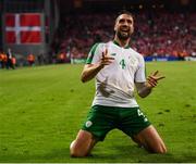 7 June 2019; Shane Duffy of Republic of Ireland celebrates after scoring his side's goal during the UEFA EURO2020 Qualifier Group D match between Denmark and Republic of Ireland at Telia Parken in Copenhagen, Denmark. Photo by Stephen McCarthy/Sportsfile