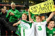 7 June 2019; Sean Cox, from Kilcummin, Kerry, receives the jersey belong to James McClean of Republic of Ireland following the UEFA EURO2020 Qualifier Group D match between Denmark and Republic of Ireland at Telia Parken in Copenhagen, Denmark. Photo by Stephen McCarthy/Sportsfile