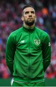 7 June 2019; Shane Duffy of Republic of Ireland during the UEFA EURO2020 Qualifier Group D match between Denmark and Republic of Ireland at Telia Parken in Copenhagen, Denmark. Photo by Stephen McCarthy/Sportsfile