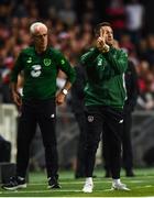 7 June 2019; Republic of Ireland assistant coach Robbie Keane and manager Mick McCarthy, left, during the UEFA EURO2020 Qualifier Group D match between Denmark and Republic of Ireland at Telia Parken in Copenhagen, Denmark. Photo by Stephen McCarthy/Sportsfile
