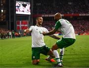 7 June 2019; Shane Duffy of Republic of Ireland celebrates after scoring his side's goal with team-mate David McGoldrick during the UEFA EURO2020 Qualifier Group D match between Denmark and Republic of Ireland at Telia Parken in Copenhagen, Denmark. Photo by Stephen McCarthy/Sportsfile