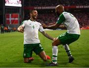 7 June 2019; Shane Duffy of Republic of Ireland celebrates after scoring his side's goal with team-mate David McGoldrick during the UEFA EURO2020 Qualifier Group D match between Denmark and Republic of Ireland at Telia Parken in Copenhagen, Denmark. Photo by Stephen McCarthy/Sportsfile