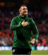 7 June 2019; Republic of Ireland assistant coach Robbie Keane celebrates following the UEFA EURO2020 Qualifier Group D match between Denmark and Republic of Ireland at Telia Parken in Copenhagen, Denmark. Photo by Stephen McCarthy/Sportsfile