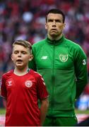 7 June 2019; Seamus Coleman of Republic of Ireland with Tiernan O'Kelly, from Dundrum, prior to the UEFA EURO2020 Qualifier Group D match between Denmark and Republic of Ireland at Telia Parken in Copenhagen, Denmark. Photo by Stephen McCarthy/Sportsfile