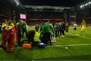 7 June 2019; Alan Judge of Republic of Ireland receives medical treatment following the UEFA EURO2020 Qualifier Group D match between Denmark and Republic of Ireland at Telia Parken in Copenhagen, Denmark. Photo by Stephen McCarthy/Sportsfile