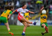 8 June 2019; Slaine McCarroll of Tyrone in action against Roisin Rogers, left, and Katy Herron of Donegal during the TG4 Ulster Senior Championship Preliminary Round match between Donegal and Tyrone at Kingspan Breffni Park in Cavan. Photo by Ramsey Cardy/Sportsfile