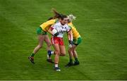 8 June 2019; Slaine McCarroll of Tyrone in action against Katy Herron, left, and Treasa Doherty of Donegal during the TG4 Ulster Senior Championship Preliminary Round match between Donegal and Tyrone at Kingspan Breffni Park in Cavan. Photo by Daire Brennan/Sportsfile